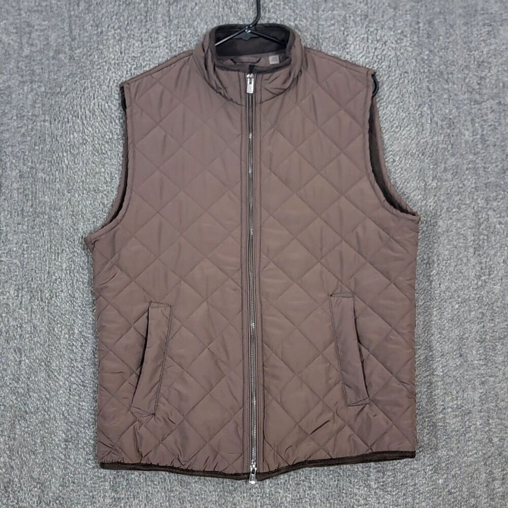 Tahari Quilted Vest Mens Medium Chocolate Brown Full Zip Fleece Lined Pockets